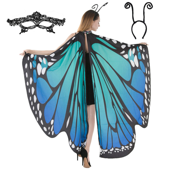 Butterfly Wing Cape Sjal med spetsmask och pannband blue