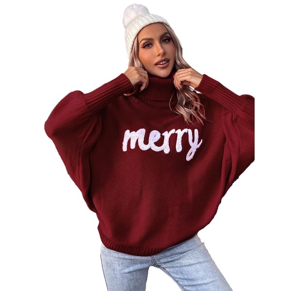 Damtröja med polokrage Merry Christmas Stickad Pullover Sweatshirt Burgundy M