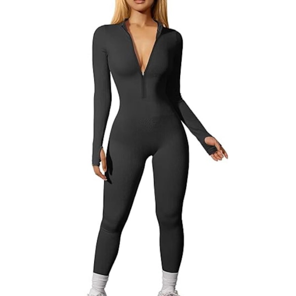 Kvindes Langærmet Ribbet Jumpsuit med Lynlås Foran Træning Bodycon Romper black L