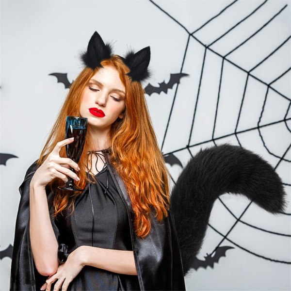 Kattöron och set, konstpälsdjursklor Cosplay Halloween festtillbehör Black&White