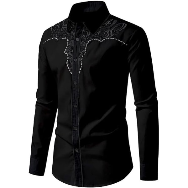 Herrar Casual Knapp-Ner Långärmad Broderade Skjortor Black 2 2XL