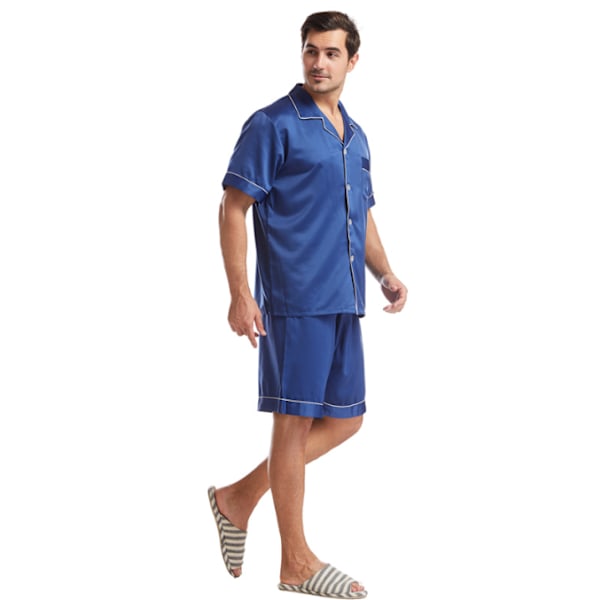 Mænds Silke Satin Pyjamas Sæt Kortærmet Skjorte Top og Shorts navy blue L