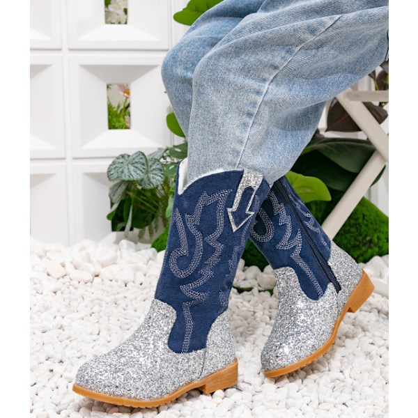 Pige Cowboystøvler Unisex-Barn Mid Calf Glitter Toddler Cowboy Støvle silver 28