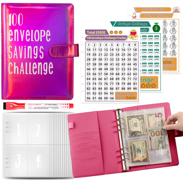 100 kuvert Pengar att spara utmaningspärm, A5 budgetpärm med kontantkuvert Dark Pink