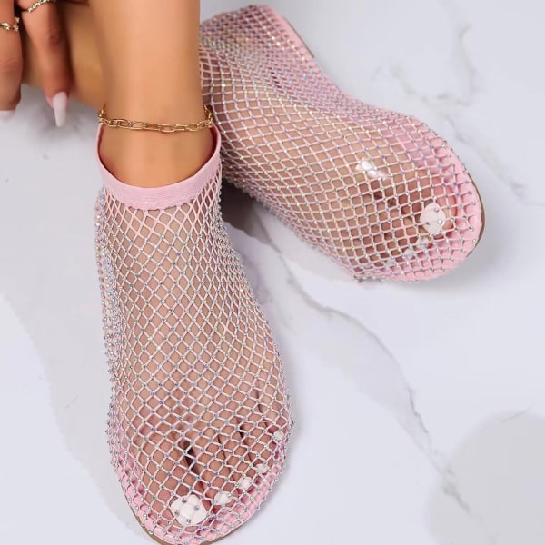 Mesh Flats Rhinestone Korta Sandaler Sexig Platt Cutout Glittrande Casual Bröllopsklänning Flats Pink 43