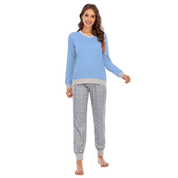 Pyjamas Set för Kvinnor Långärmad Nattkläder Tryckt Nattkläder Mjuka PJs Loungeset blue 2XL