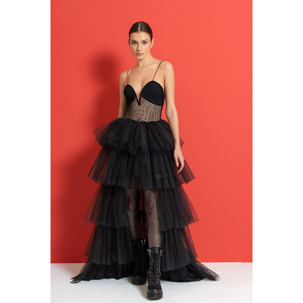Kvinnors Högmidjade Hög-Låg Lager Tulle Golvlång Kjol black S