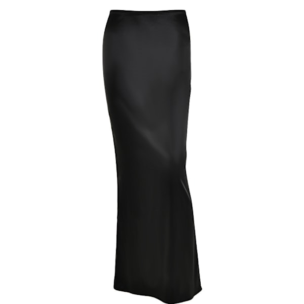 Lange Satin-skjørt for kvinner, Silke, Elegant, Høy Midje, Cocktailfest, Midi-skjørt black L