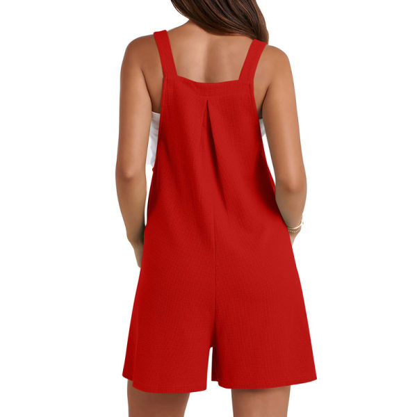 Sommerlig afslappet romper til kvinder - Løstsiddende vaflestrikket kort overall jumpsuit med lomme Red M