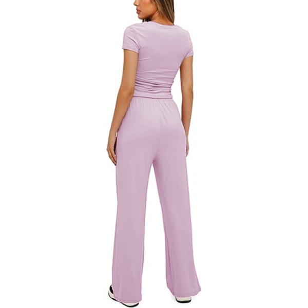 Kvinnors 2-delade outfits Loungeset Kortärmade toppar och byxor med vida ben med hög midja Träningsoverallsset Pink S