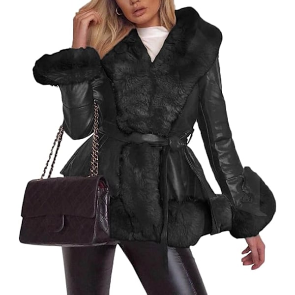 Kvinnlig konstläderjacka Kort kappa med pälskrage black 4XL