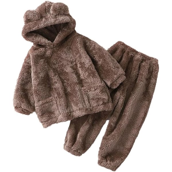 Toddler Baby Fleece Byxor Pullover Toppar Set, Winter Warm Sweatshirt Byxor Set Brown 80cm