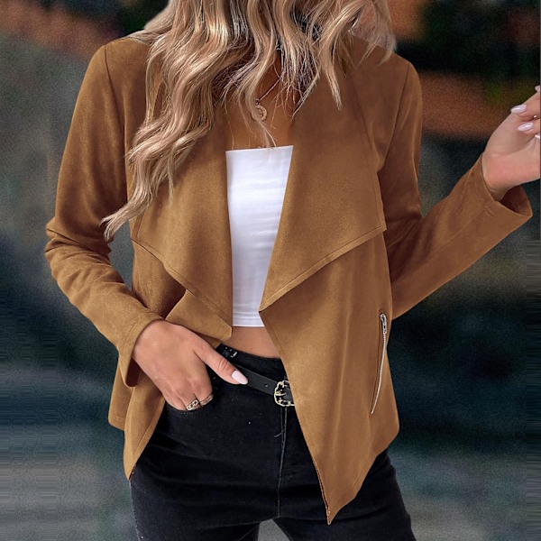 Dam Öppen Framsida Faux Suede Casual Blazer Långärmad Arbetsjacka brown S
