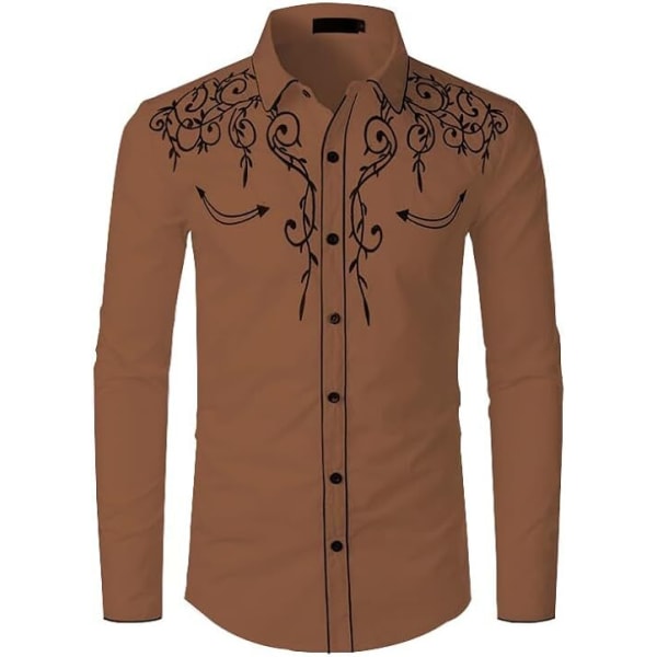 Herrar Casual Knapp-Ner Långärmad Broderade Skjortor Brown 2 S