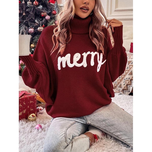 Damtröja med polokrage Merry Christmas Stickad Pullover Sweatshirt Burgundy M