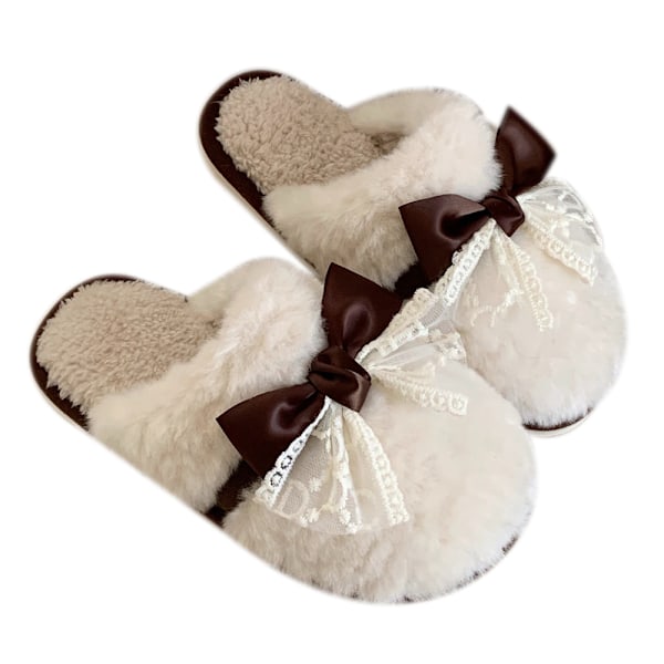 Fluffiga tofflor med rosett i färgblock för höst och vinter white 36-37