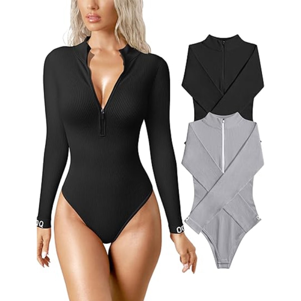 2-delade bodysuits för kvinnor Sexiga ribbade bodysuits i ett stycke med långa ärmar Black+Gray S