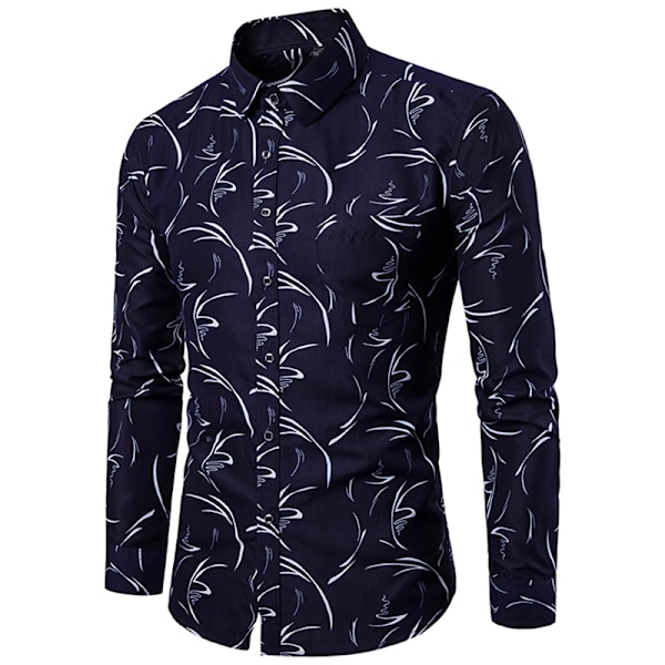 Modeherrskjorta Casual Blommig Bomulls Skjorta för Män Dark Blue M