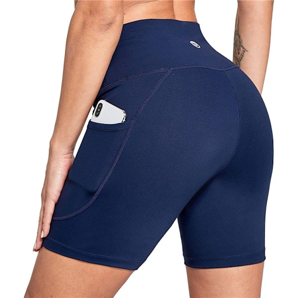 Kvinnors högmidjade aktiva shorts yogaleggings, magkontroll träningsshorts Blue S