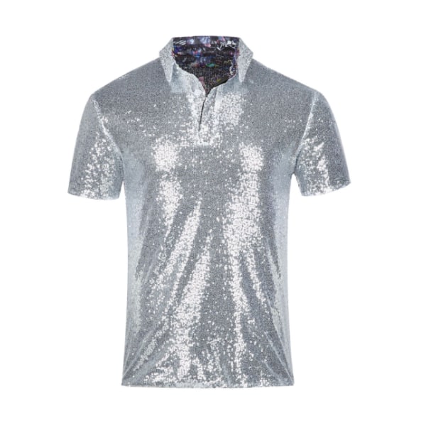 Herr glänsande paljetter kortärmad nedvikt gnistrande polo t-shirt Silver L