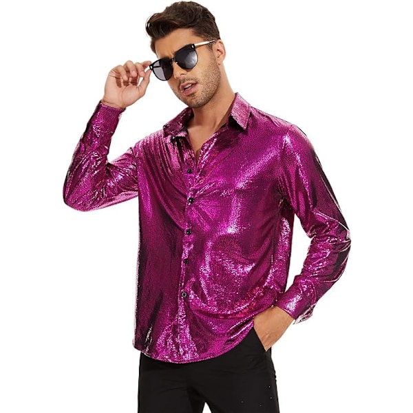 Miesten Kiiltävät Pitkähihaiset Yksiväriset Napit Paidat purple red M