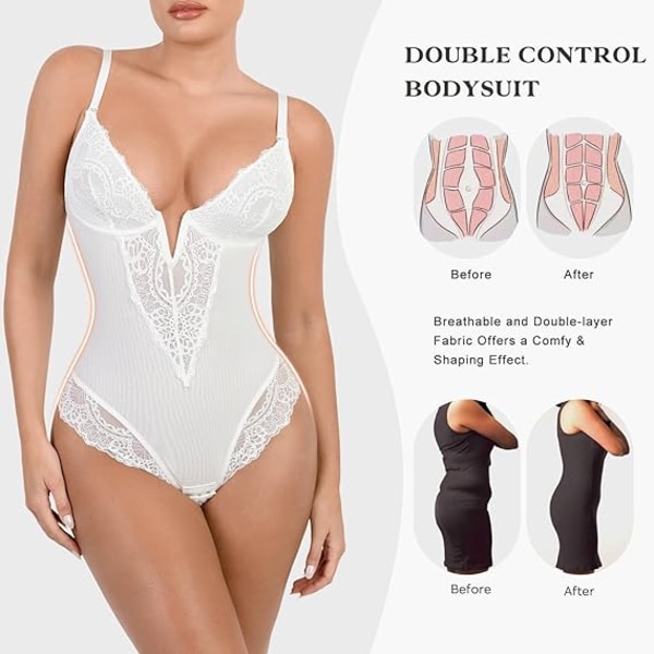 Popilush Spets Shapewear Body Dam V-hals Mage Body Suit Strings White M