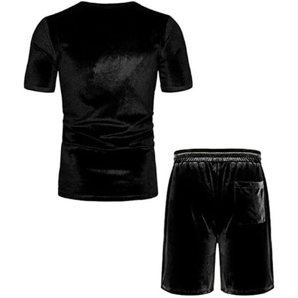 Miesten 2-osainen 80- ja 90-luvun samettitrenssipuvut, rento lyhythihainen samettipuserosetti Black 2XL