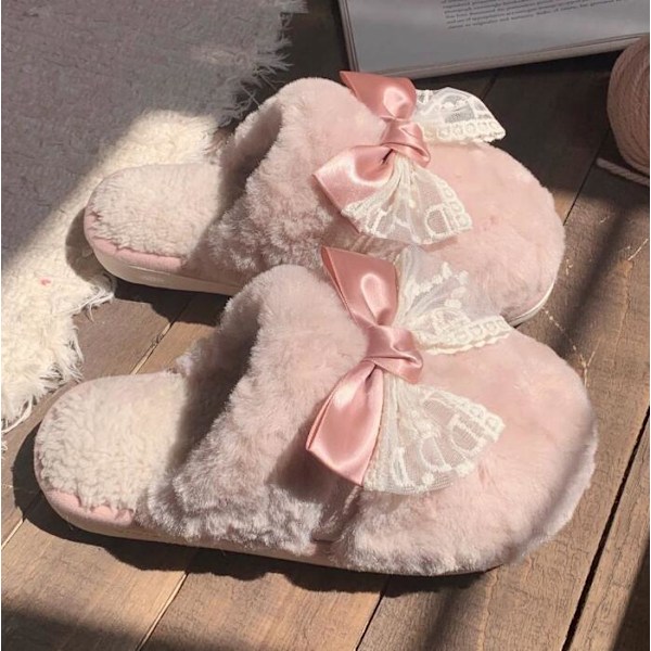 Fluffy Slippers med Bånd i Farveblokke til Efterår og Vinter Pink 40-41