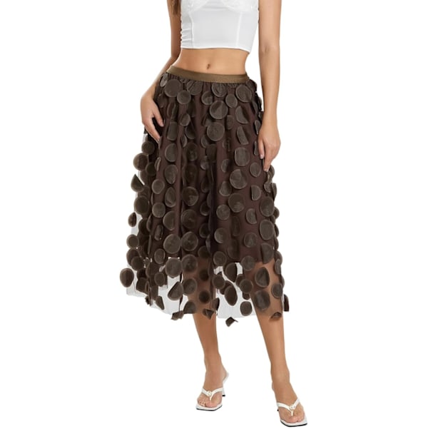 Tullkjol Kvinna 3D Polka Dot Elastisk Midja Mesh Midi Kjolar brown