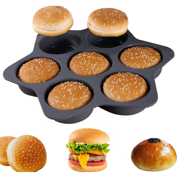 Silikon Hamburgerbolleform 7 hulrom brødform Ikke-klebende bakeform Black