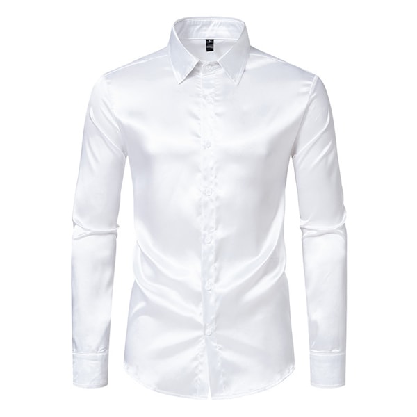 Mænds Skinnende Slim Fit Satin Langærmet Skjorte white XXL