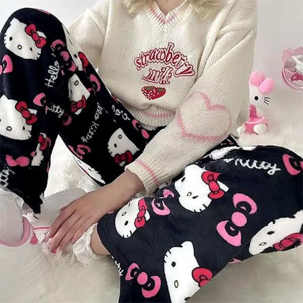 Katt-Cartoon Pyjamasbyxor för Kvinnor Flanell Bekväma Sömnbyxor black L