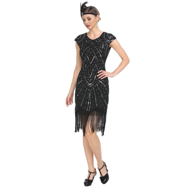 Vintage Flapper Klänningar från 1920-talet för kvinnor Kristallpärlfransade Great Gatsby-klänning Black&Gold S