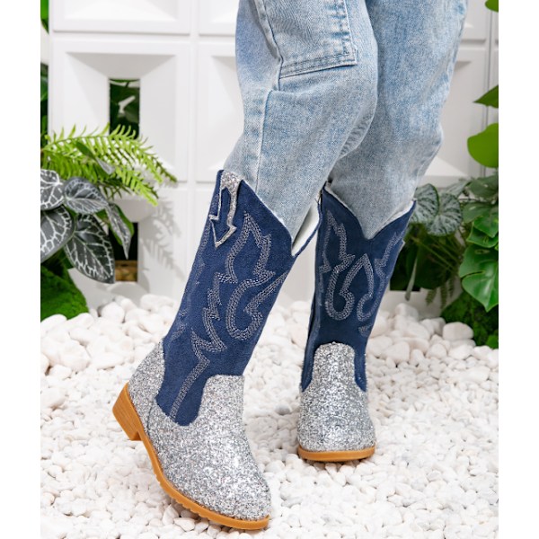 Flickiga Cowgirl-stövlar för flickor Unisex-barn Mid Calf Glitter Toddler Cowboy Boot silver 31