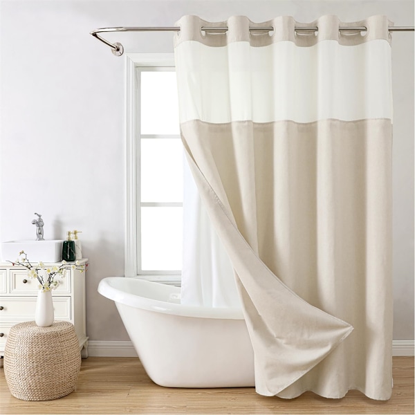 Duschdraperi i Linne med Texturerad Yta och Snap-in Foder, Inga Krokar Behövs beige 71W*74H