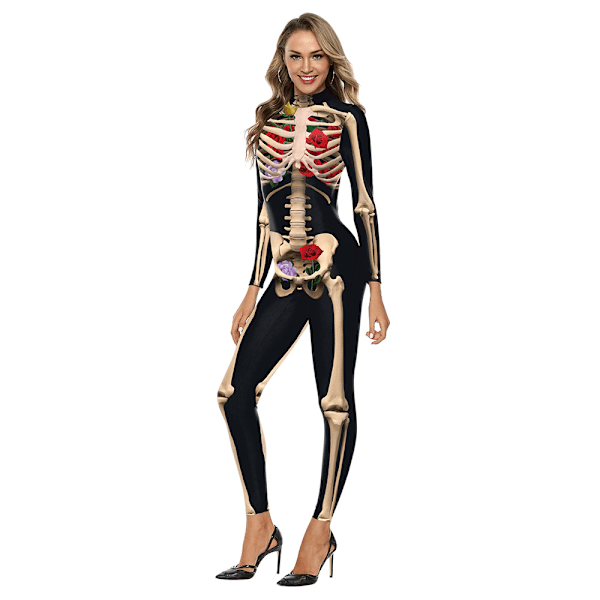 Kvinners Skjelett Halloween Bodysuit Kostyme Stretch Skinny Catsuit Jumpsuit black M