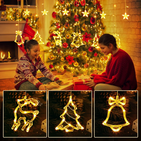 Jul LED Gardinljus, LEDs Star Jingle Bell Älg Xmas Tree Fönsterljus Color