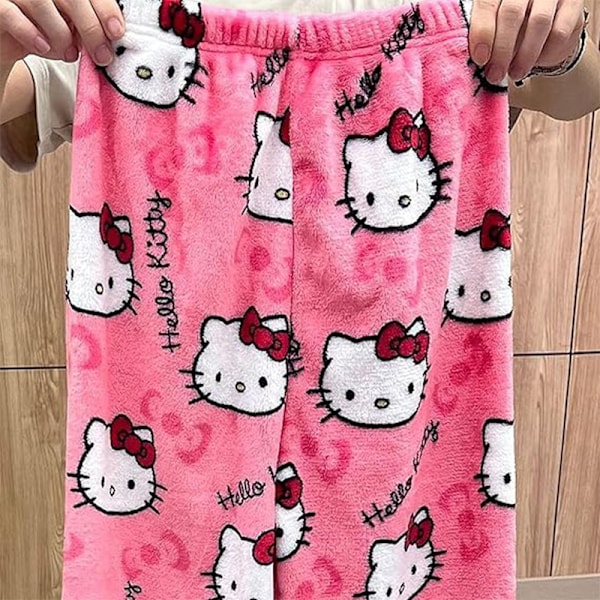 Katt-Cartoon Pyjamasbyxor för Kvinnor Flanell Bekväma Sömnbyxor rose red S