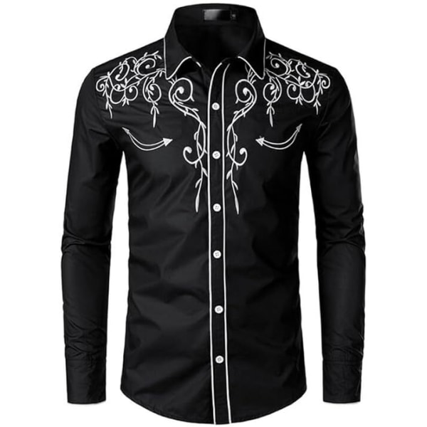 Herrar Casual Knapp-Ner Långärmad Broderade Skjortor Black 4 M