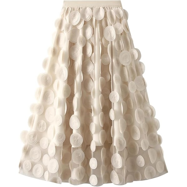 Tullkjol Kvinna 3D Polka Dot Elastisk Midja Mesh Midi Kjolar beige