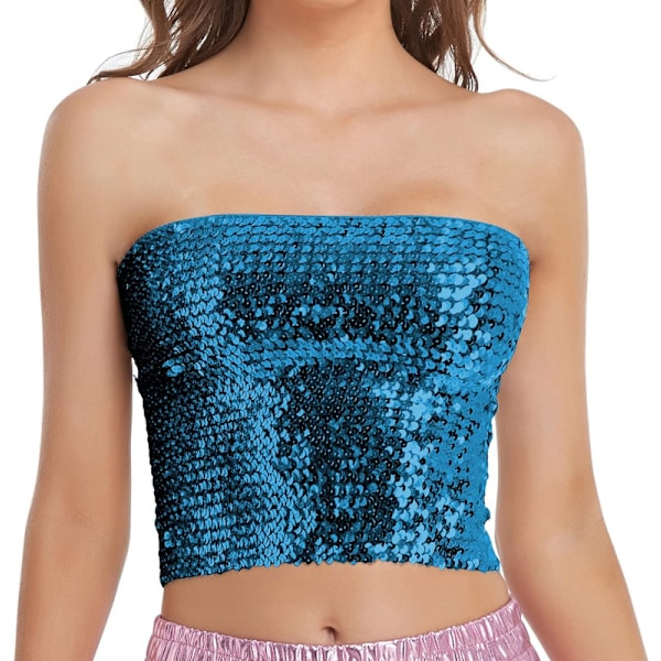 Glittrande Sekvenstop för Kvinnor, Metallisk Crop Top för Fest och Klubb Lake Blue