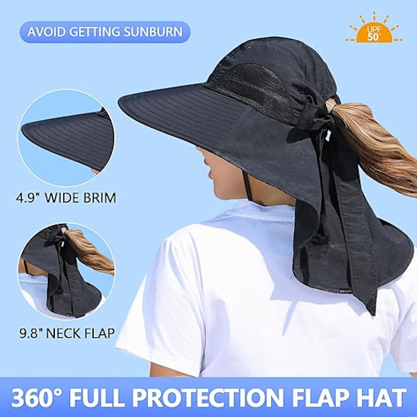 Dam solhatt UV-skydd bred brätte fiskehatt med hästsvanshål nackskydd Black