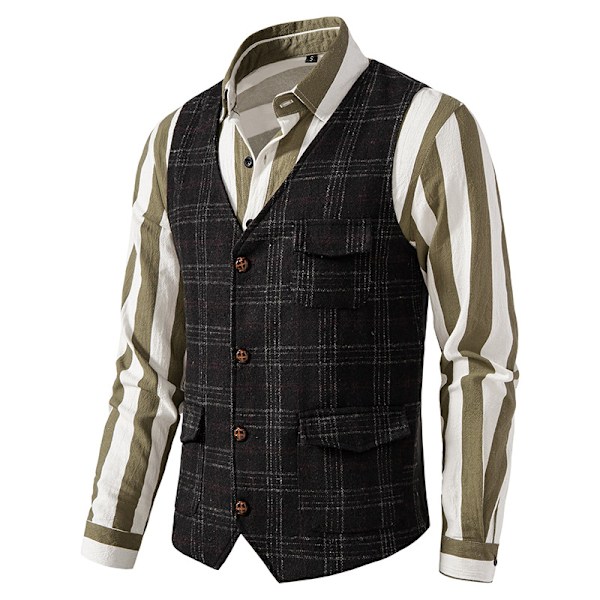 Herre Vest til Bryllup Plaid Blød Uld Tweed Vest black S