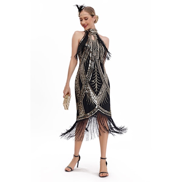 Dam 1920-tals Flapper Klänning Vintage Lång Fransklänning black gold M