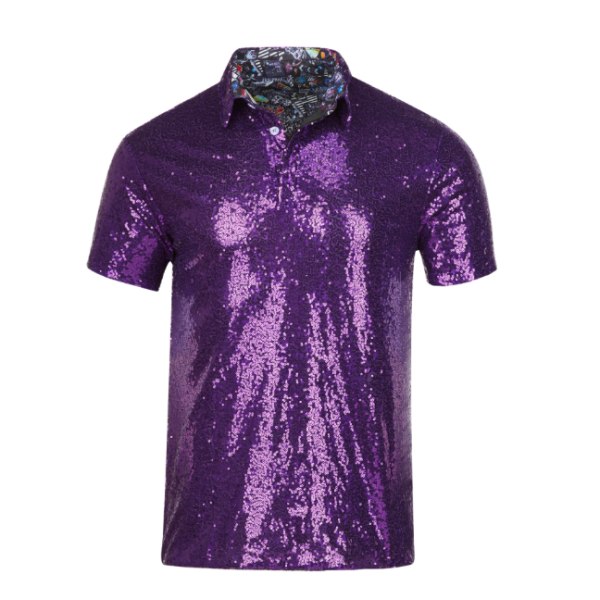 Herr glänsande paljetter kortärmad nedfälld gnistrande polo T-shirt Purple XL