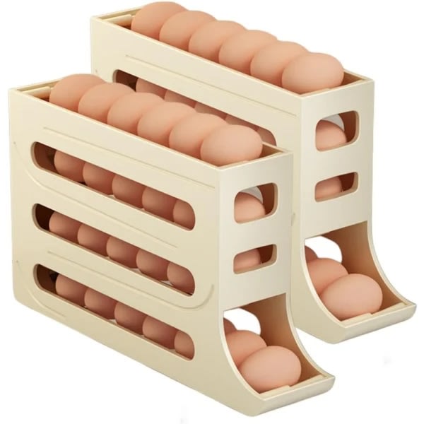 4-vånings äggförvaring för kylskåp, Automatisk rullande äggbricka för 30 ägg Yellow 2 Pcs