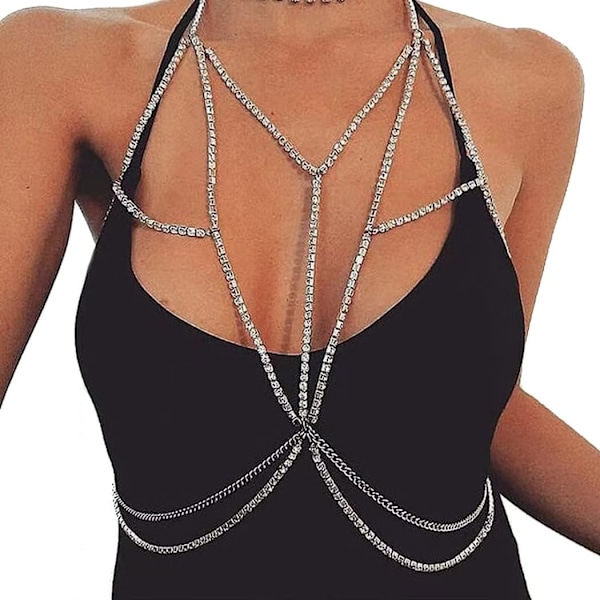Rhinestone bröstkedja silver glitter kristallkors kroppskedja smycken accessoarer