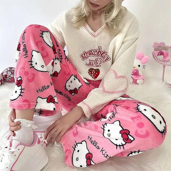 Naisten Piirretty Kissan Pyjama Housut Flanelli Mukavat Unihousut rose red M