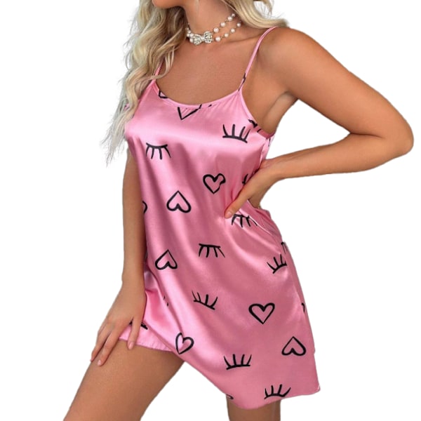 Nattklänning för kvinnor, V-ringning, spaghettiband, ärmlös, tryckt, nattkläder Pink 2 XL