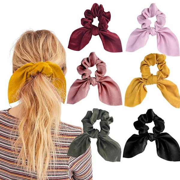 6 stk Silke Kaninøre Hårstrikk, Søte Satin Scrunchies med Sløyfer